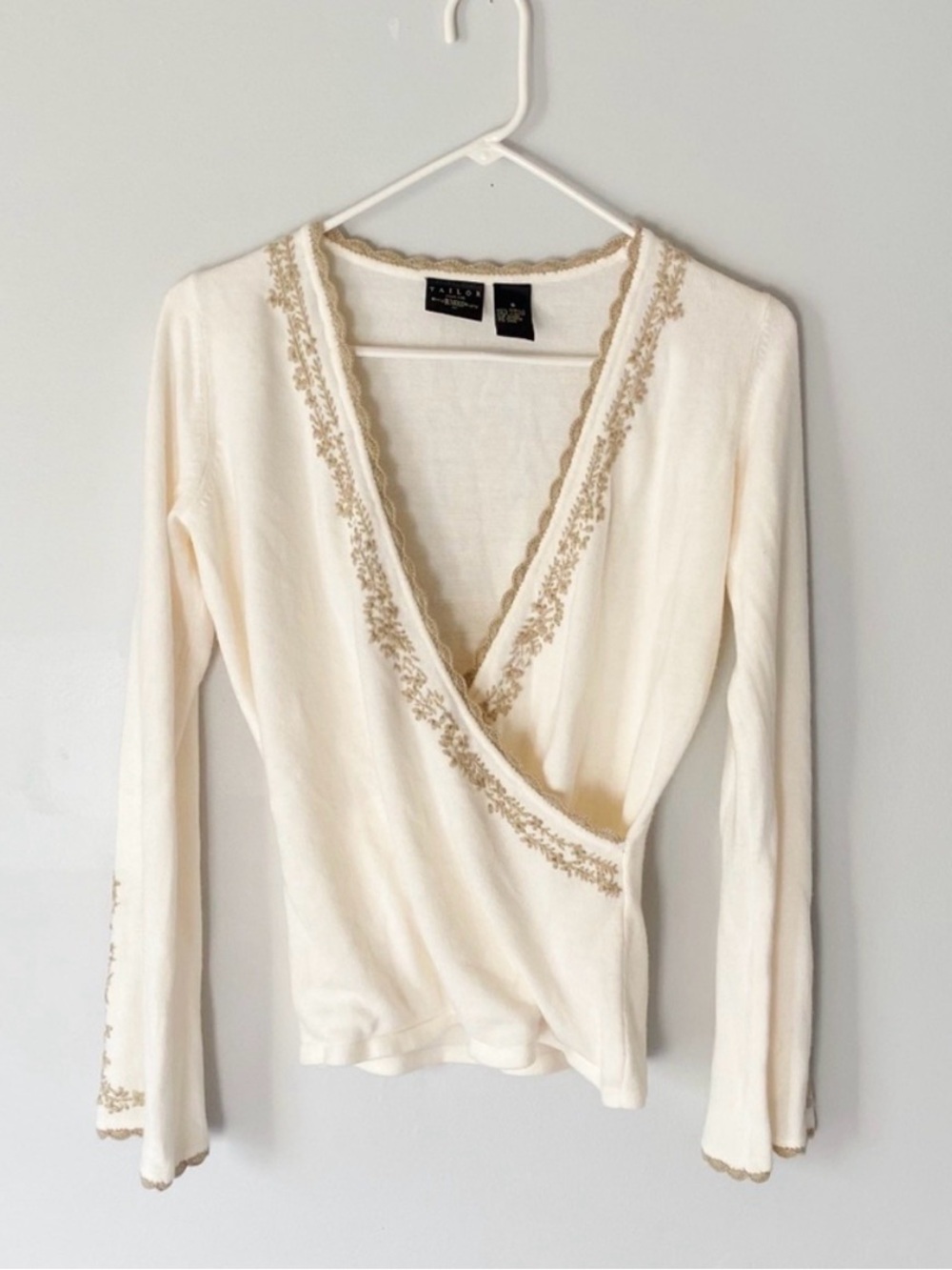 Tailor B. Moss Women's Soft Embroidered Long Sleeve Wrap Top in Cream